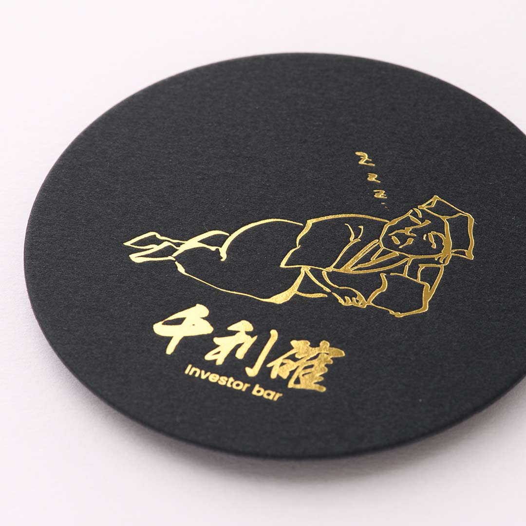 コースター│黒+白 丸型 1mm<br>箔│メタリック金箔